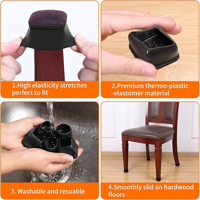 Ezprotekt 24 Pcs Square Chair Leg Floor Protectors with Felt, Silicone Felt Furniture Pads for Hardwood Floor, Dining Table Leg Caps Covers No Scratches and Noise (L Fit: 1" - 1.4", Black)