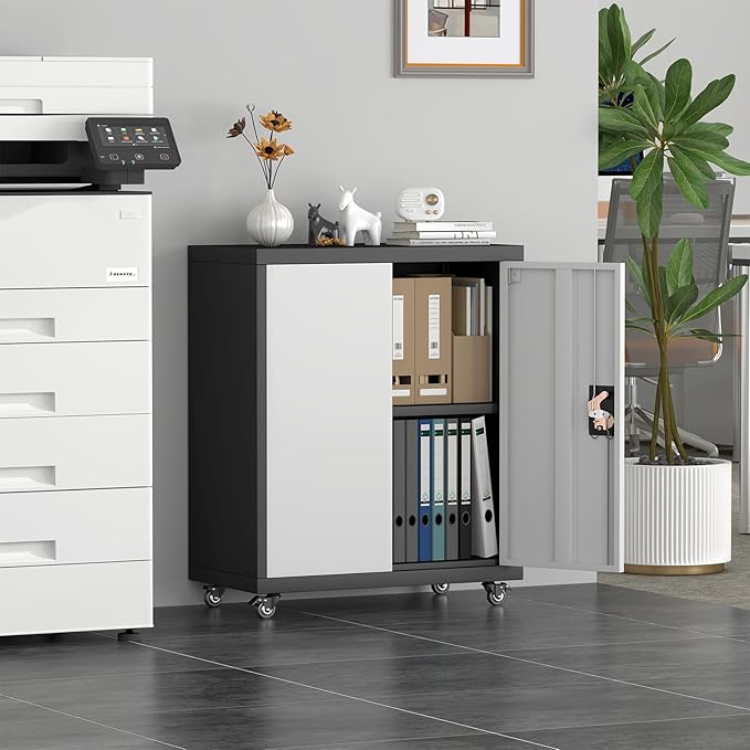 Metal Storage Cabinet with Wheels, Steel Mobile Garage Cabinets with Lockable Door and Adjustable Shelf, Metal Rolling Tool Cabinet, Utility Cabinet for Home, Office, Black+Gray