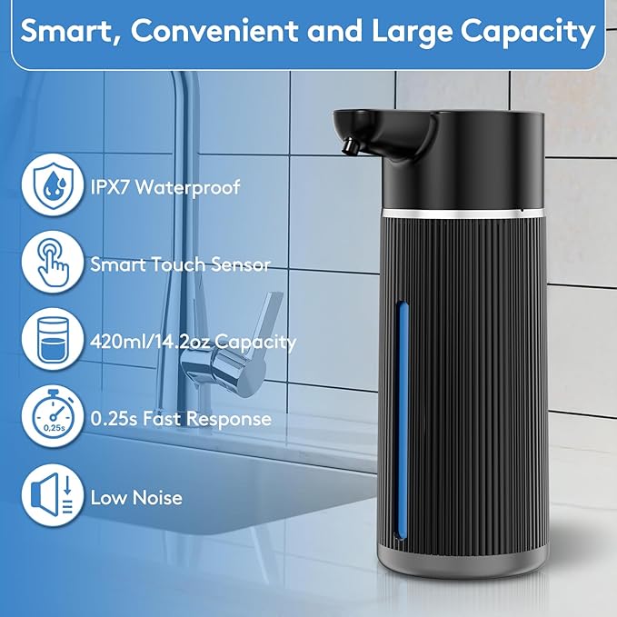 Automatic Soap Dispenser Touchless, 14.2oz/420ml Dish Hand Soap Dispenser for Kitchen Bathroom, Adjustable Volume for Thick & Thin Liquid, USB C Rechargeable, Clog-Free, Black