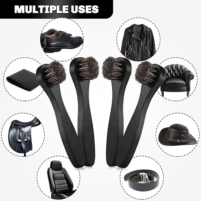 4 Pcs Horsehair Shine Shoes Brush Kit Polish Dauber Applicators Cleaning Leather Shoes Boots Care Brushes Suede Cleaner Brush with Microfiber Shoe Cloth(Black Handle A)