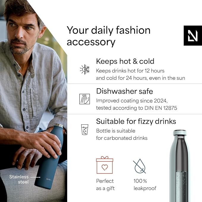 LARS NYSØM Stainless Steel Insulated Water Bottle 12oz 17oz 25oz 34oz 51oz | Insulated Thermo Flask for Hot and Cold Beverages | Leakproof Drinking Bottle (Misty Blue, 17oz)