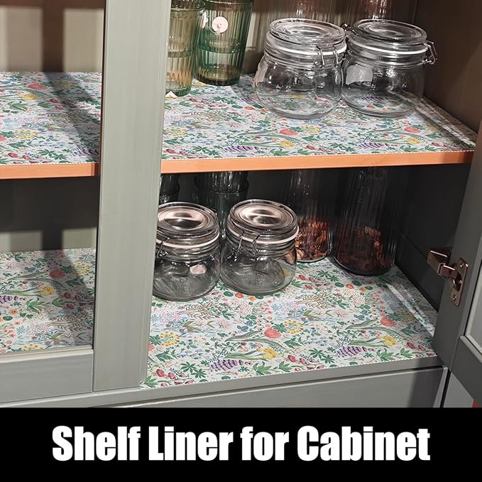 Floral Shelf Drawer Liners, 16IN x 10FT Non Adhesive and Strong Non-Slip Colorful Cabinet Drawer Shelf Liners for Kitchen Wire Fridge, Waterproof Cabinet Liner,Easy to Clean