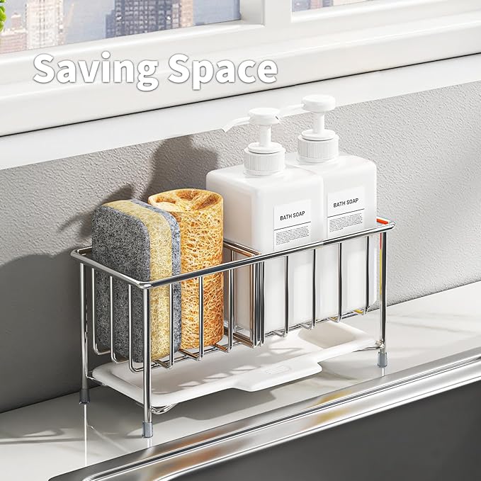 Kitchen Sink Sponge Holder, 304 Stainless Steel Soap Dispenser Caddy Organize, Kitchen Sink Brush Caddy Holder with Removable Drain Tray