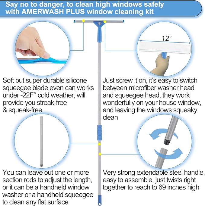 Window Squeegee Washing Kit for High Window, Shower Glass Door, Mirror Cleaning, with 69-inch Extension Pole, Extra 14'' Wide Squeegee and 2 Microfiber Scrubbers Included