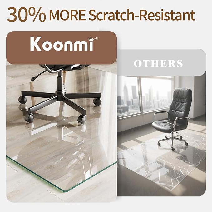 Koonmi Tempered Glass Chair Mat 45"x53" - Premium Office Chair Mat for Hardwood Floors & Low-Pile Carpet with 4 Non-Slip Pads - Thick Scratch-Resistant Surface