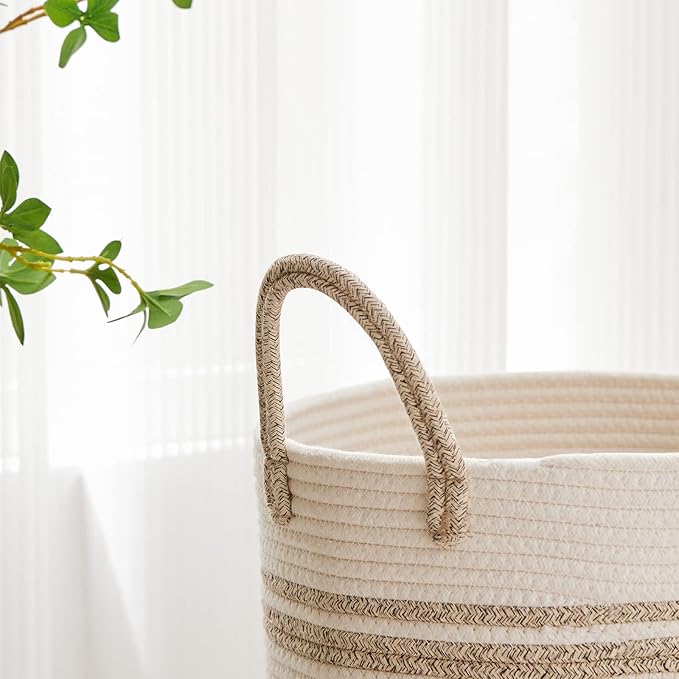 VIPOSCO Tall Laundry Hamper, Woven Rope Storage Basket for Blanket, Toys, Dirty Clothes in Living Room, Bathroom, Bedroom - 30L Brown & White