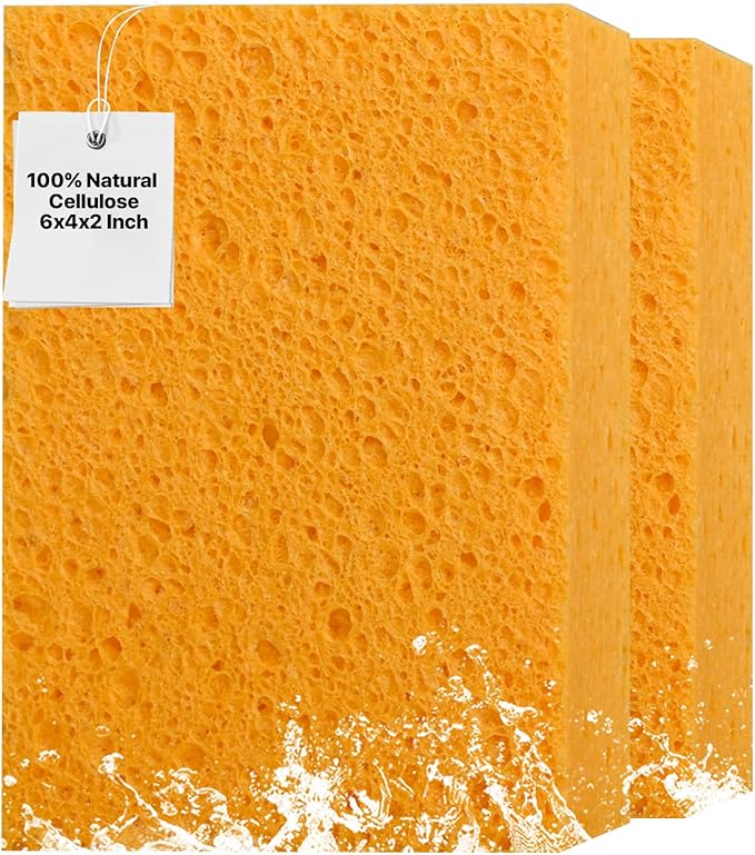 2 PCS Large Natural Cellulose Sponges 6x4x2 Inch - Super Absorbent and Biodegradable, Perfect for Home & Kitchen Cleaning, Boat Bail, Car Washing