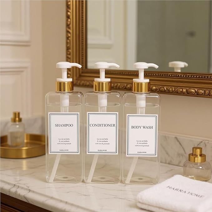 Modern Gold Design Large 27 oz Shampoo and Conditioner Dispensers - Empty Plastic Refillable Pump Bottle Set for Bathroom Shower Soap Dispenser, Set of 3 (Clear & White)