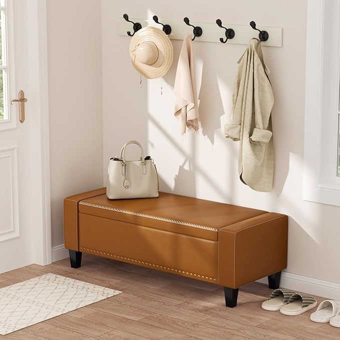 48.8" Storage Ottoman Bench Brown | Faux Leather Bedroom Bench with Lift Top for Living Room & Bed End
