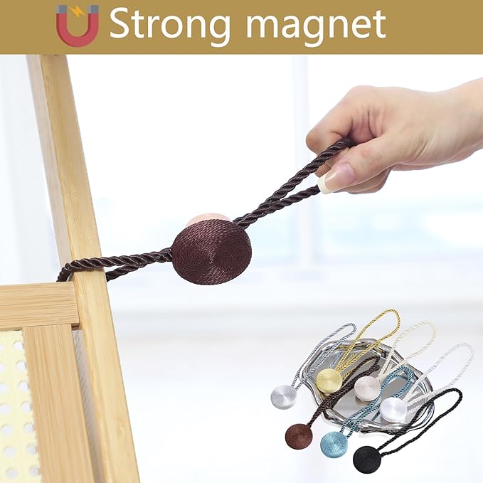 Magnetic Curtain Tiebacks - 12mm Magnetic Tie Backs for Curtains, Heavy Duty No Drill Curtain Holdbacks for Home/Office Windows Drapes, Elegant Gift-Ready Design 7 Colors (2, Coffee)