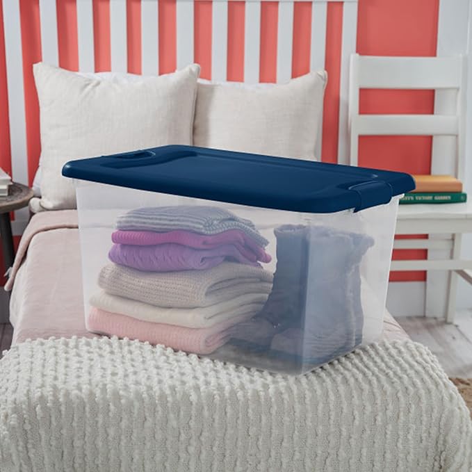 Sterilite 24-Pack Color Program, Large Clear Plastic Storage Bins with Lids, 64 Quart, Blue - Stackable Organizing Container Boxes for Closet, Bathroom, and Office