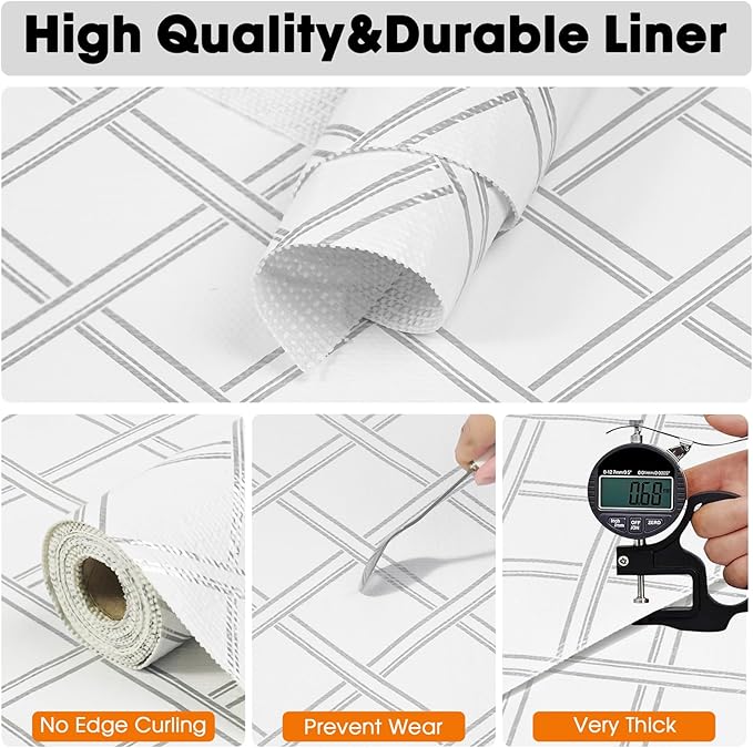 Drawer and Shelf Liners for Kitchen Cabinets Non-Adhesive Cabinet Liners Strong Grip Non Slip Waterproof Contact Paper for Cabinets and Drawers Shelves Cupboard,Silver Geometric,12IN X 20FT