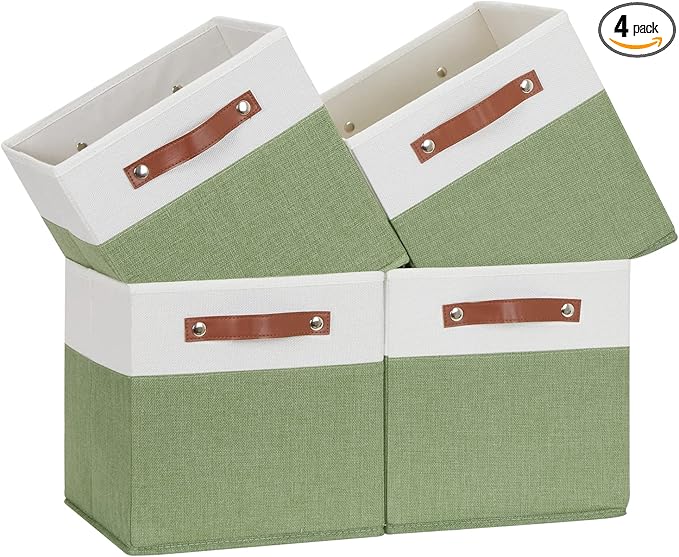 Temary Fabric Storage Bin 11x11 Cube Storage Bins for Home, 4 Pack Fabric Organizer Bins Cube Organizer Bins with Leather Handles Decorative Storage Bins for Shelf (White&Green)