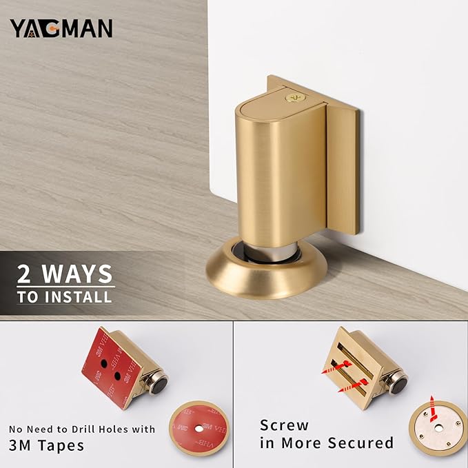 1 Pack Magnetic Door Stoppers Retractable Bottom of Door Holder No Drilling Mount Floor Door Stop with Screws and Adhesive Catch Door Keep Door Open Brushed Gold BG-1