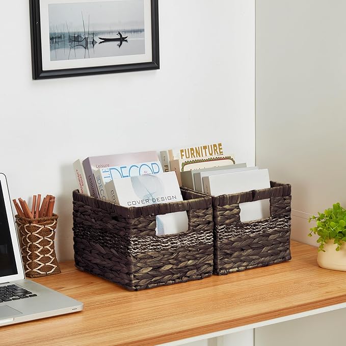 Water Hyacinth Wicker Basket, Decorative Woven Baskets with Built-in Handles, Hand-woven Storage Organizer for Organizing Pantry, Livingroom, Bedroom, Shelves, Toilet(2-PACK, Brown)