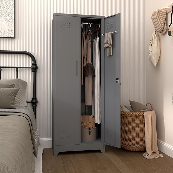 Broom Closet Storage Cabinet, Steel Locking Cabinet with Hanging Rod, 65" Cleaning Storage with Doors and Hooks, Tall Broom Tool Cabinets for Office, Garage