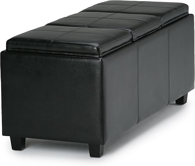 SIMPLIHOME Avalon 42 inch Wide Contemporary Rectangle Storage Ottoman in Midnight Black Vegan Faux Leather, Assembled, For the Living Room, Entryway and Family Room