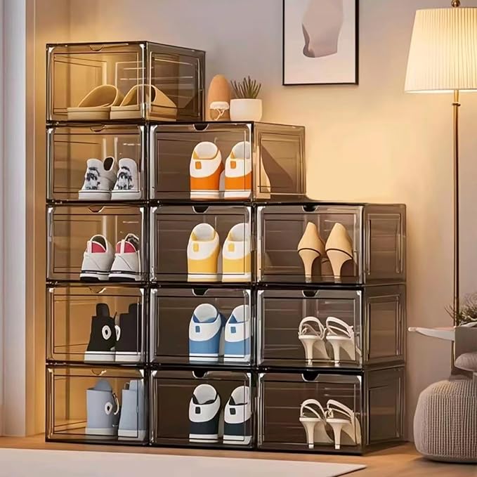 9 Pack Thicken Shoe Organizer Stackable Upgraded Sturdy Transparent Shoe Storage Box with Magnetic Door Sneaker Hats Display Case Fit Up to US Size 13, Black