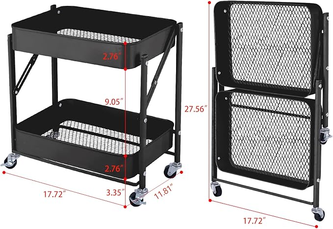 2-Tier Metal Folding Rolling Cart, Mobile Utility Cart Trolley Storage Organizer for Office Home Kitchen Organization, Sofa Side End Table with Wheels, Black