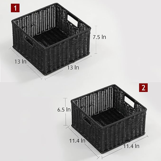 HOONEX Wicker Storage Baskets for Organizing, Decorative Woven Baskets for Storage with Carrying Handles, Set of 2, Black