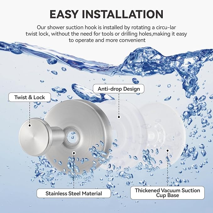 4 PCS Suction Cup Hooks for Shower, Stainless Steel No Drill Suction Towel Hooks, Reusable Sticky Silicone Suction Cup Base for Bathroom Wall, Glass, Mirror, Tile to Hang Loofahs, Robes (Silvery)