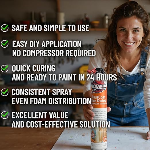 Kraken Bond Fastcoat Fire Rated Spray Foam Insulation Closed Cell in a Can 360 sq ft (18x27.1 oz.) (R-Value 11.32 / 2in) - Spray Foam for Garage Door, Attic, Wall Gun & Cleaner Included, 18 Pack
