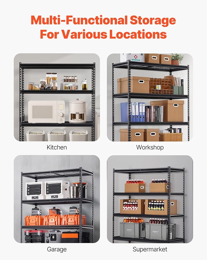 VEVOR Storage Shelves, 3000 lbs, 5 Tier Heavy Duty Garage Shelving, 24" D x 48" W x 72" H Adjustable Metal Shelves for Industrial Shelving Unit Utility Shelf, for Kitchen, Warehouse, Basement, Black