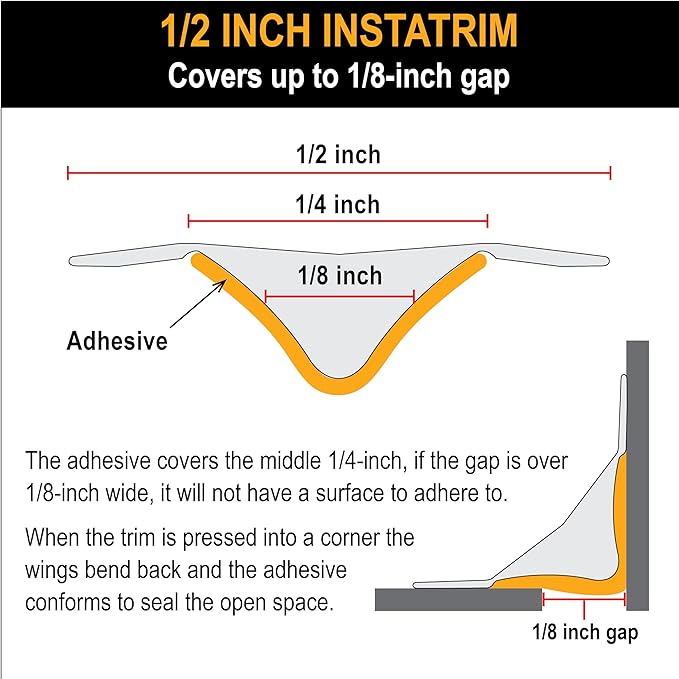 InstaTrim New & Improved Self-Adhesive Caulk Trim, 1/2" x 10', 2-Pack, Flexible, Water Resistant, Stain Resistant for Bathroom, Floors, Walls, DIY Project, Bronze