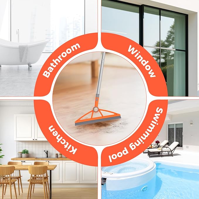 2-in-1 Air Broom, 180° Rotating 54 Inch Adjustable Silicone Rubber Broom Includes 2 Scraping Strips, Sweep and Silicone Tools with Long Handle for Cleaning Bathrooms,Glass,Tiles,Pet Hair