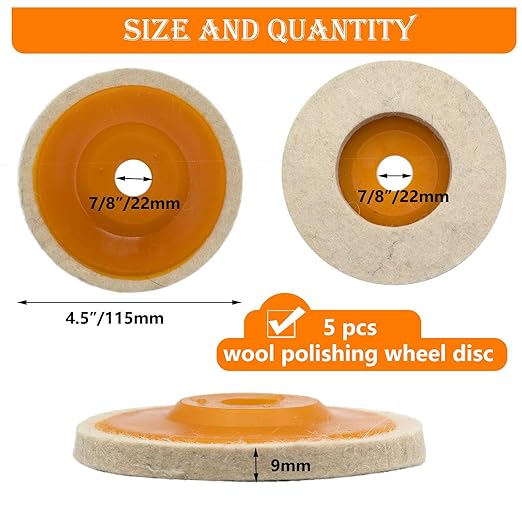 5 Pcs 4.5 Inch Wool Felt Polishing Wheel Disc,Wool Polishing Wheel Disc for 7/8 Inch Angle Grinder, for Metal Aluminum,Stainless Steel, Chrome, Jewelry, Wood, Plastic, Ceramic, Glass