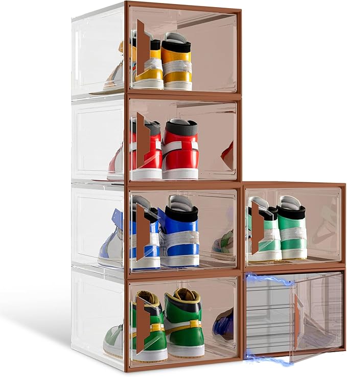 X-Large Stackable Shoe Boxes - Clear Plastic Shoe Storage Boxes with Magnetic Door, Thicken Shoe Organizer for Closet, Space Saving Foldable Shoe Containers Bins for Sneaker Boot - 6 Pack(Brown)