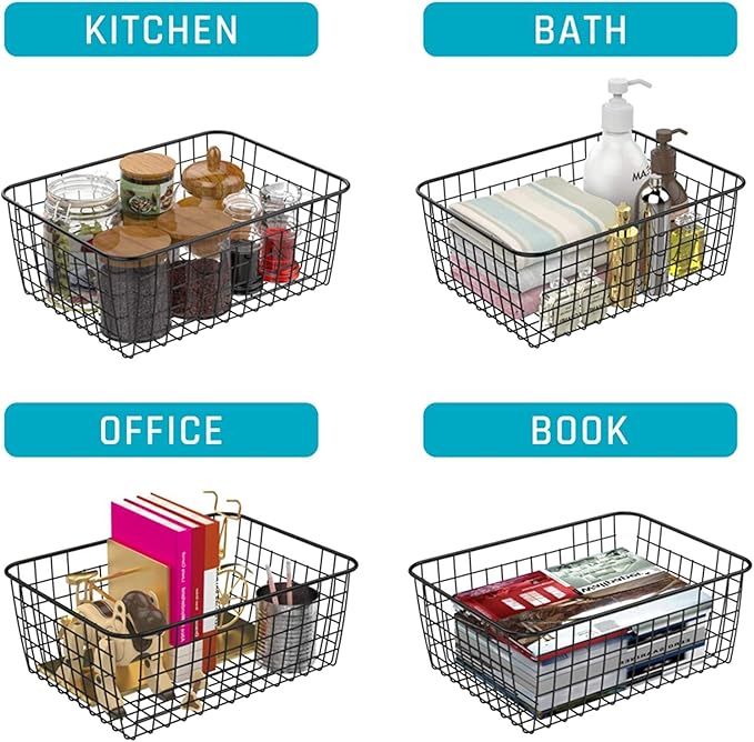 Metal Wire Basket Food Storage Organizer with Wooden Handles for Organizing Kitchen Cabinets, 4 Packs-Black-large