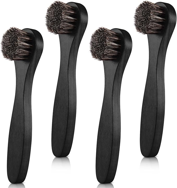 4 Pcs Horsehair Shine Shoes Brush Kit Polish Dauber Applicators Cleaning Leather Shoes Boots Care Brushes Suede Cleaner Brush with Microfiber Shoe Cloth(Black Handle A)