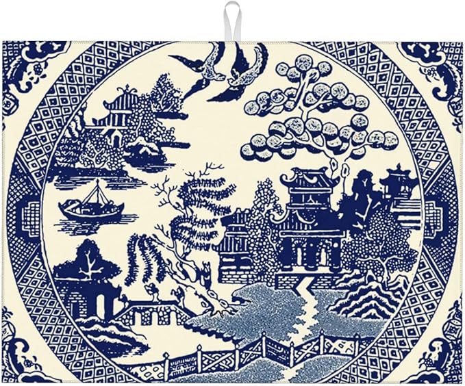 Dish Drying Mat For Kitchen Counter Absorbent Dish Mat Reversible Drainer Drying Kitchen Mat (Oriental Style Chinese Blue Willow, 24X18)