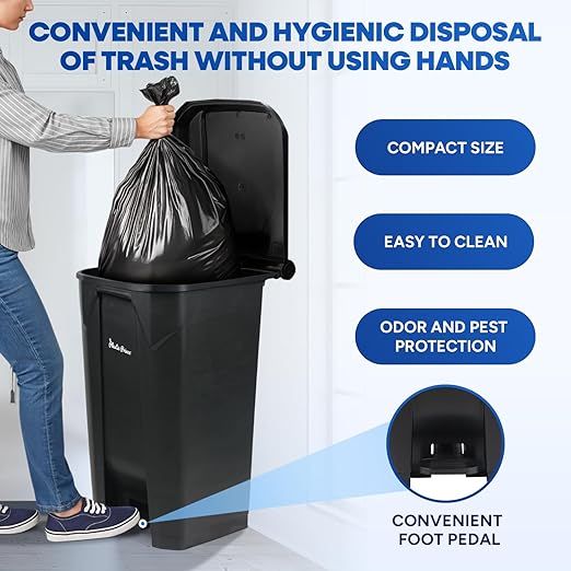 27 Gallon Step-On Trash Can/Container, Black Plastic Dustbin with Lid and Foot Pedal, Hands-Free Disposal