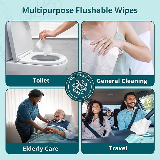 WhyWorry Flushable Wipes for Adults, Extra Large 8"x10" Butt Wipes for Toilet & Personal Cleansing, Chamomile and Vitamin E, 100% Plant-Based, Septic & Sewer Safe, Unscented, 144 Count (3 Packs)