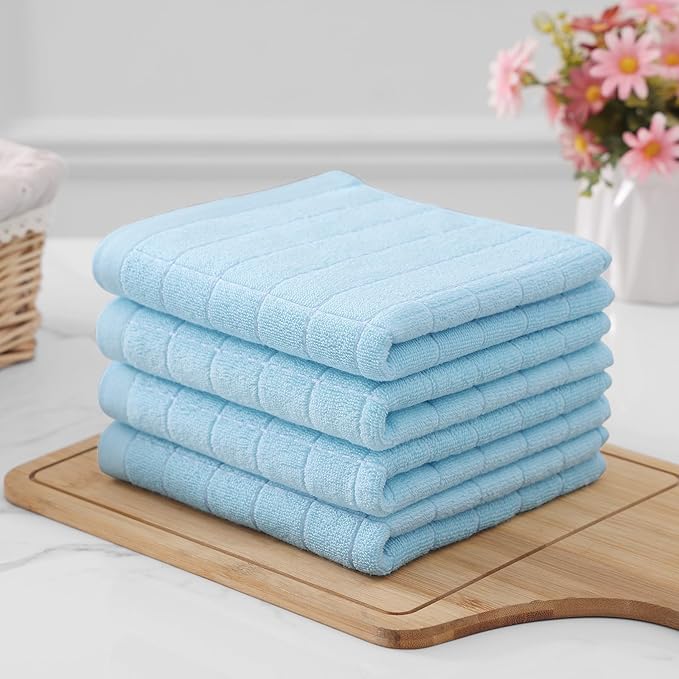 Homaxy 100% Cotton Terry Kitchen Towels(Sky Blue, 13 x 28 inches), Checkered Designed, Soft and Super Absorbent Dish Towels, 6 Pack