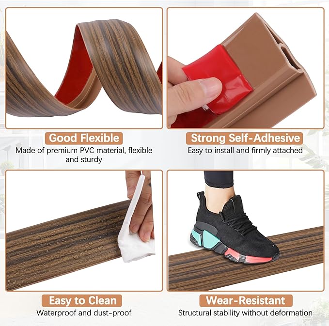 Vinyl Door Threshold Flooring Transition Strip Self Adhesive Carpet Edging Strip for Laminate Doorway Edge Threshold from 1/5" to 2/5" (Smoked Brown Wood Grain, 6.6 Ft)
