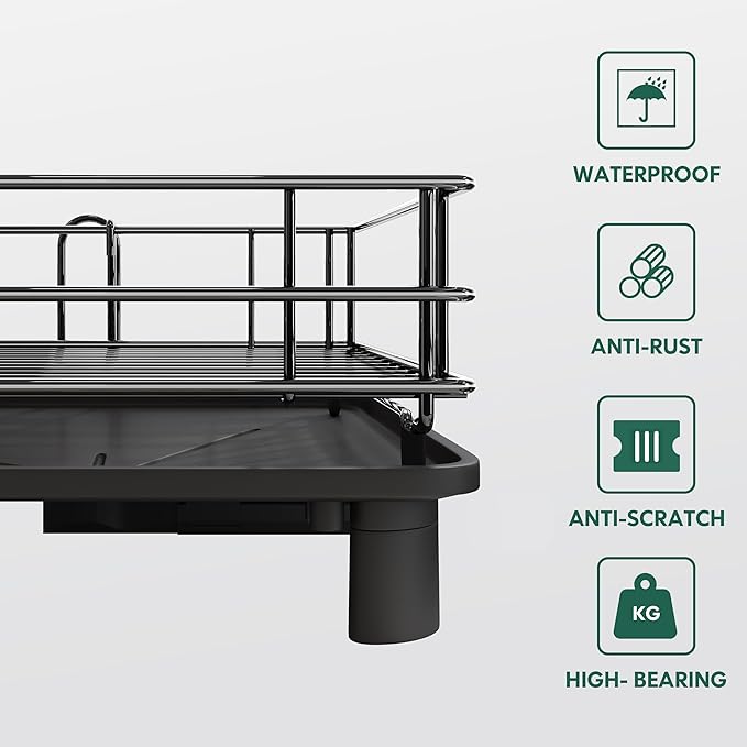JASIWAY Stainless Steel Black Dish Drainers Drying Rack for Kitchen Counter with Drainboard, Rust Proof Metal, Space Saving, Modern Aesthetic, Compact Plates Dryer Strainers with Tray and Extra Mat