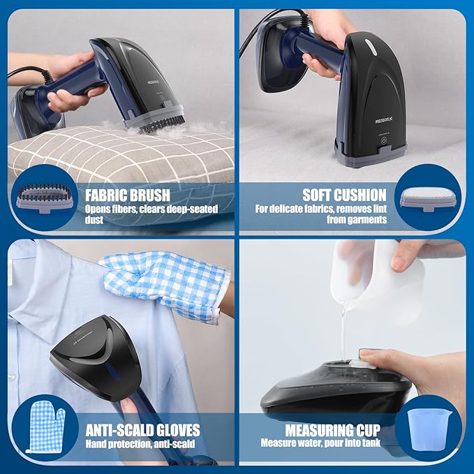 Powerful Handheld Fabric Steamer - 1800W with Fast Ceramic Heat-Up Plate, 2-in-1 Ironing & Wrinkle Remover, Steam Nozzle, Lint Brush - Blue, for US 120V Only