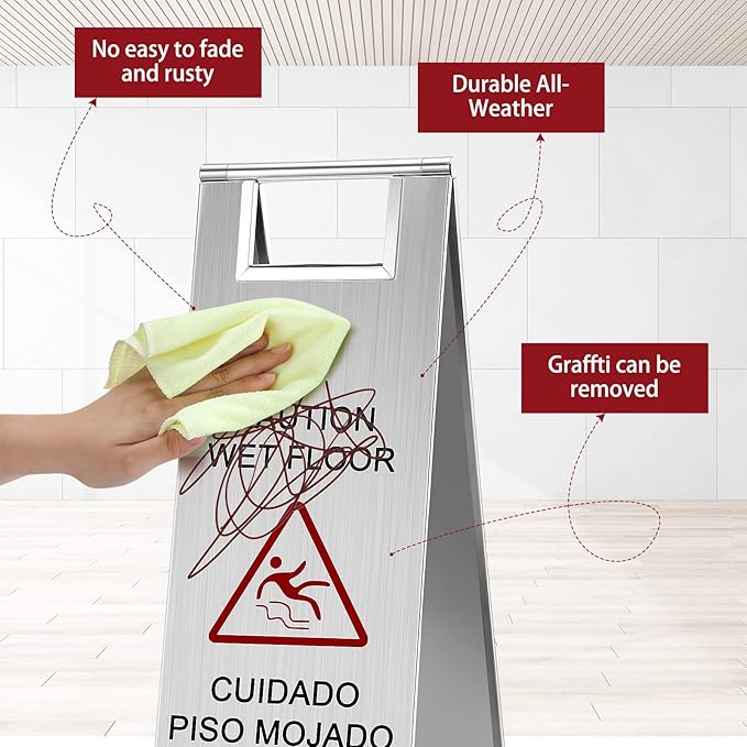 LEIFIDE 4 Pcs Stainless Steel Wet Floor Caution Sign Bulk 8.8 Pound Portable Foldable Handle Bilingual Safety Sign for Kitchen Restaurant Shop Commercial Use Avoid Fall and Slip Accident (Silver)