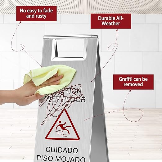Kigley 2 Pcs Wet Floor Sign, 24 Inch Stainless Steel Caution Wet Floor Sign Double Sided Portable Foldable Bilingual Safety Warning for Hotel Market Restroom Restaurant Office (Silver)