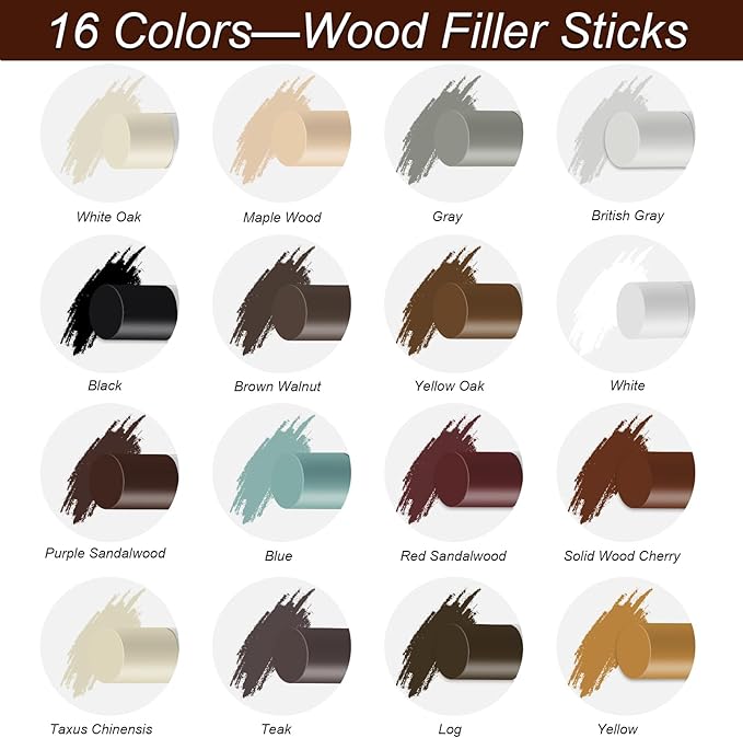16+4P Wood Filler Sticks with 1P Box, 1P Knife, 1P Scraper and 1P Rag, Pletpet 16 Color Furniture Crayon Touch Up Wood Filler Nail Hole Wax Sticks for Repairing Scratches and Nail Holes (16p)