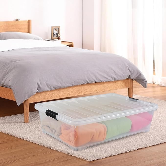 3-Pack 50 Quart Under the Bed Low Profile Storage Boxes, Large Under Bed Storage Bin with Easy Rolling Caster Wheels, Clear