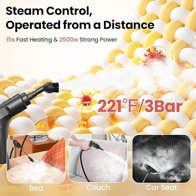 Handheld Steam Cleaner for Home, 2500W High Pressure Steam Cleaner for Car Detailing, 3 Steam Levels, 1600Ml Tank, High Heat Steamer for Bed Bugs, Couch, Furniture, Kitchen, Bathroom, Floors