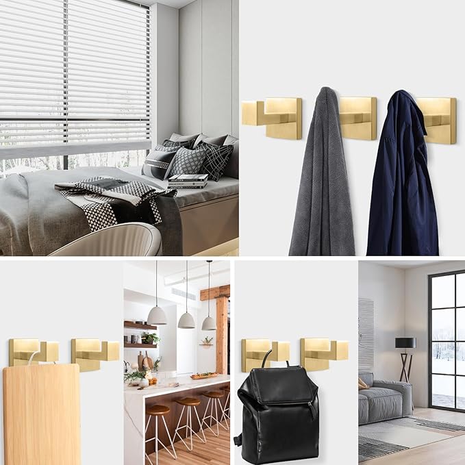NearMoon Bath Towel Hooks -SUS304 Stainless Steel Square Clothes Robe Hooks Hanger, Heavy Duty Coat Hooks for Bathroom Livingroom Hotel Kitchen Garage, Wall Mounted (3 Pack, Chrome Gold)