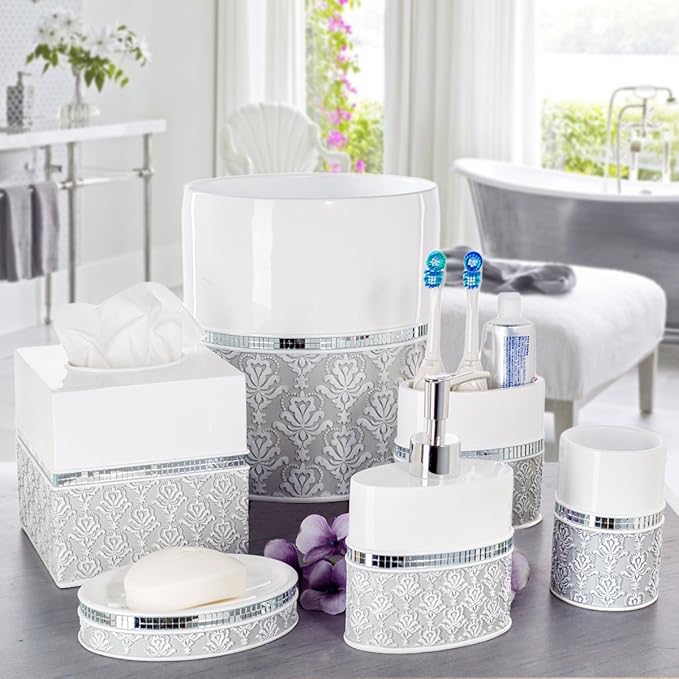 Creative Scents Mirror Damask Bathroom Cup - Electric Toothbrush and Toothpaste Holder for Bathroom, Gray & White Tooth Brush Holder Tumbler Cup for Toothbrushes, Toothpaste, Makeup Brushes or Rinsing