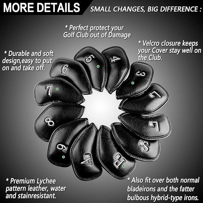 FINGER TEN Premium Synthetic Leather Stylish Iron & Wedge Golf Head Covers Value 12 Piece Set, Embroidered Labels & Fits Most Clubs Gift Set, Travel Protection Accessories