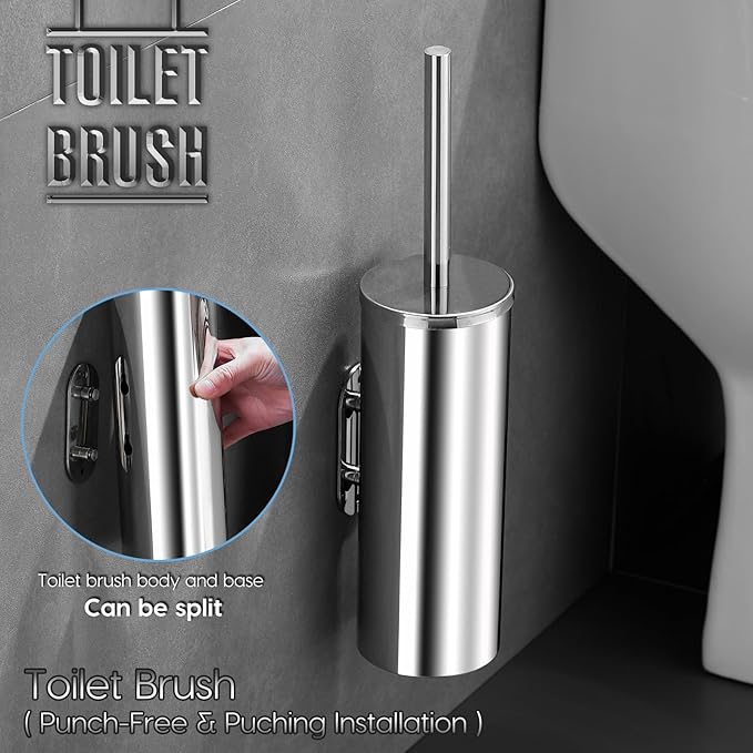 Toilet Brush and Brush Holder, Stainless Steel No-Punch Hook Base Dual Purpose Toilet Brush Holder with Removable Inner Bucket and Splash Cover - Soft Bristles (Chrome)