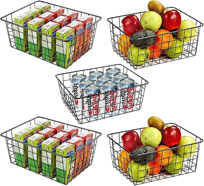 5 Pack Wire Storage Baskets, Premium Pantry Baskets for Storage, Metal Freezer Storage Organizer Baskets Bins with Handles for Kitchen Cabinets, Pantry, Bathroom (Black, Small)